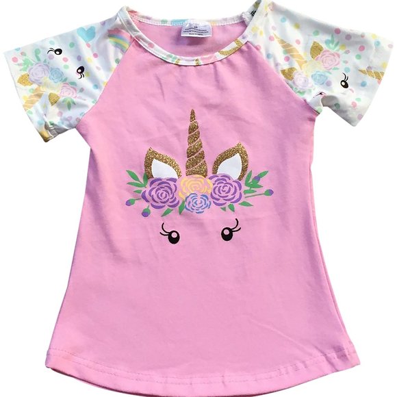 Little Girl Kids Toddler Short Sleeve Unicorn Floral Easter T-shirt Top Blouse - Picture 1 of 3